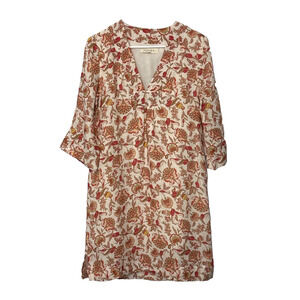 Aspiga Dress Linen Floral V-Neck 3/4 Sleeve XS Cream Red Boho Shift Tunic Pocket
